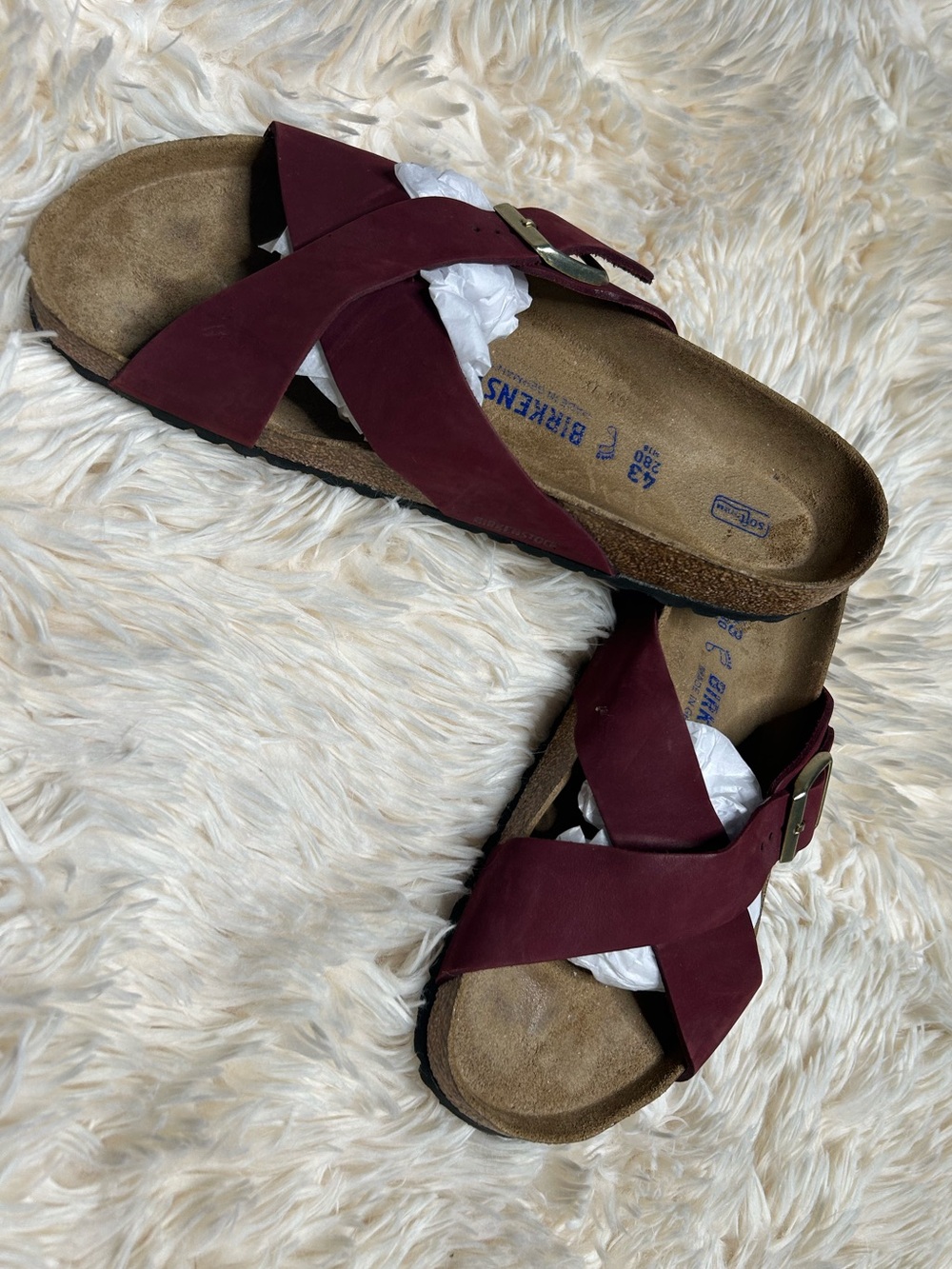 Birkenstock Women’s Burgundy Crossband Suede Footbed Sandals